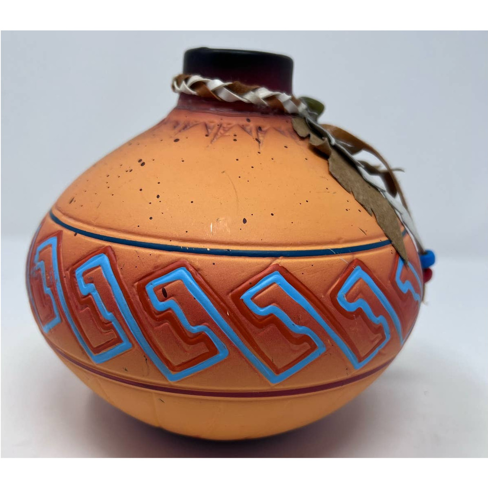 Decorative Painted Blue Orange Vase Leather Shaped Feathers with‎ Beads 8" Tall - Picture 2 of 7